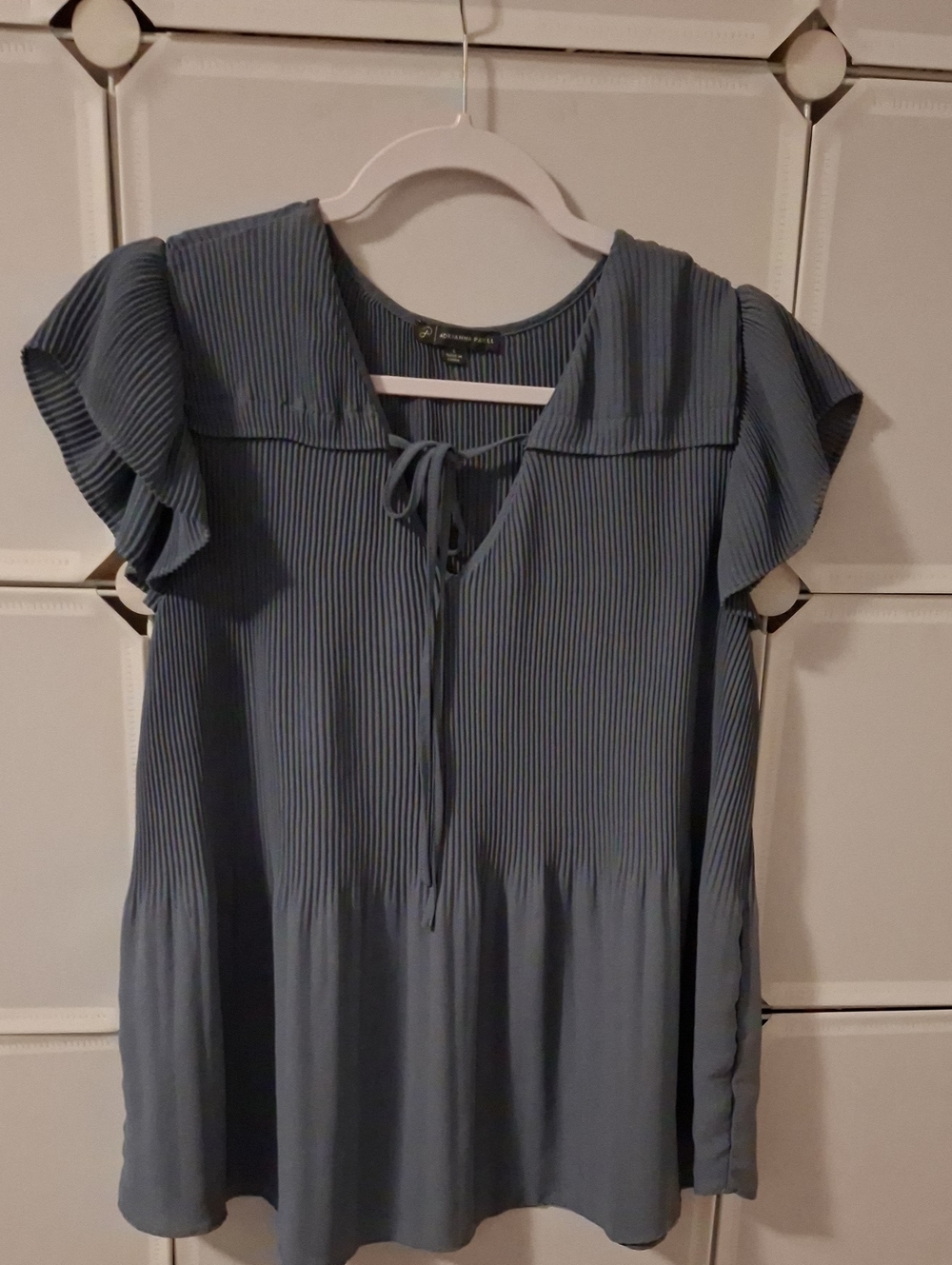 Adrianna Papell Slate Blue Pleated Tie-Front Flutter Sleeve Tunic